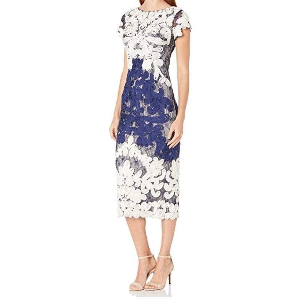JS Collections Nordstrom Soutache Lace Embroidered Midi Dress Navy White size 4